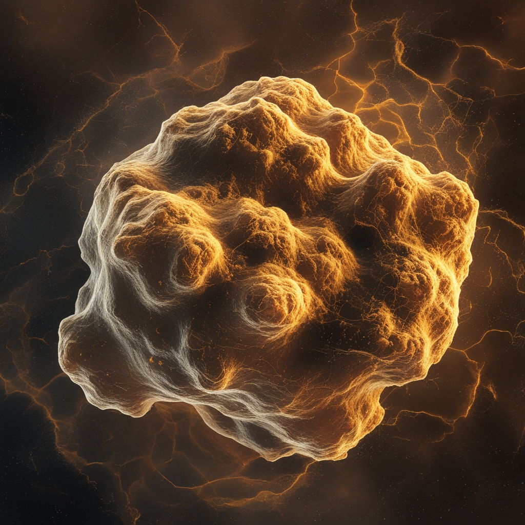 Abstract macro photography of microscopic organic textures resembling cellular structures or biological networks in warm amber and golden tones against a deep dark background