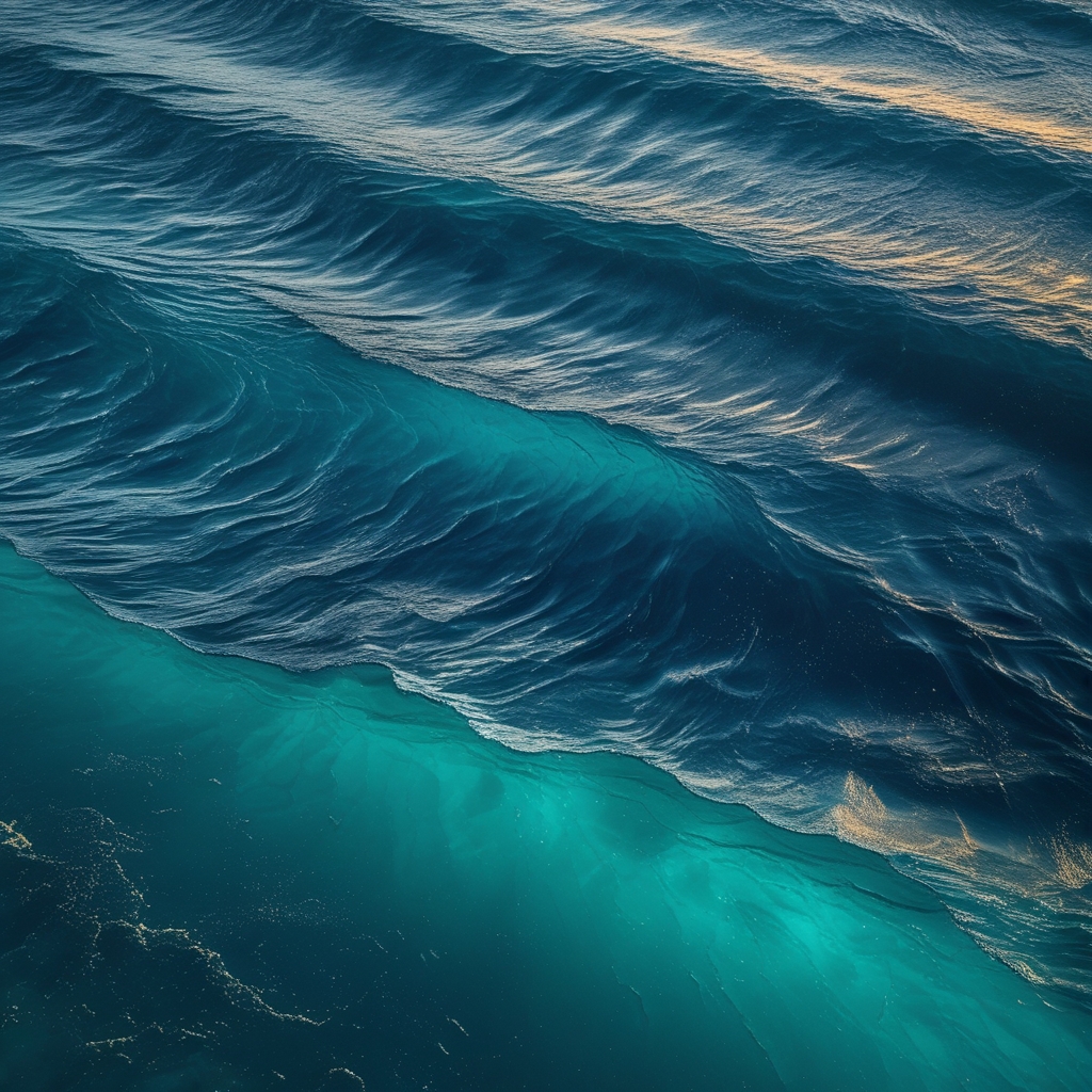 Calm deep blue ocean surface seen from above with gentle rippling waves catching afternoon light, abstract water texture in varying shades of turquoise and navy blue