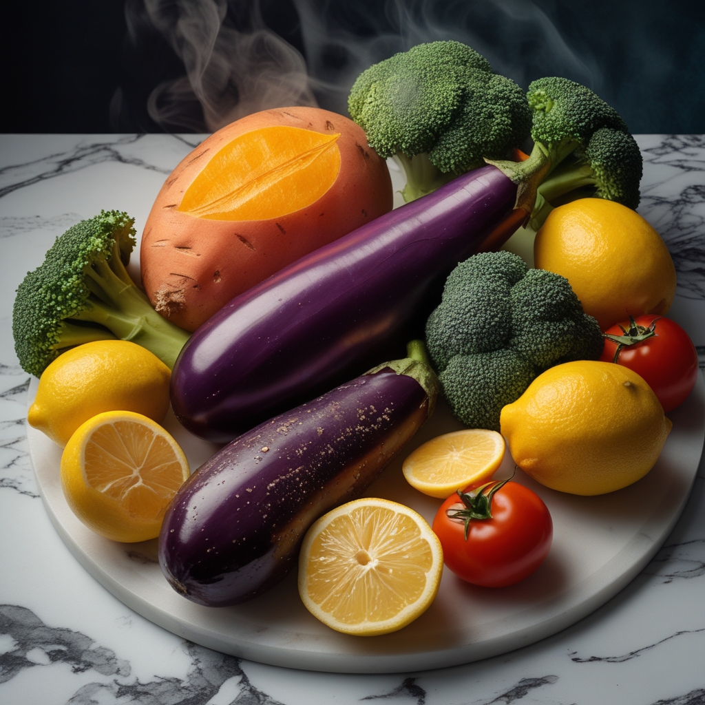 Colorful variety of fresh whole foods including bright orange sweet potatoes, deep purple eggplant, vibrant yellow lemons, red tomatoes, and green broccoli arranged on a white marble surface